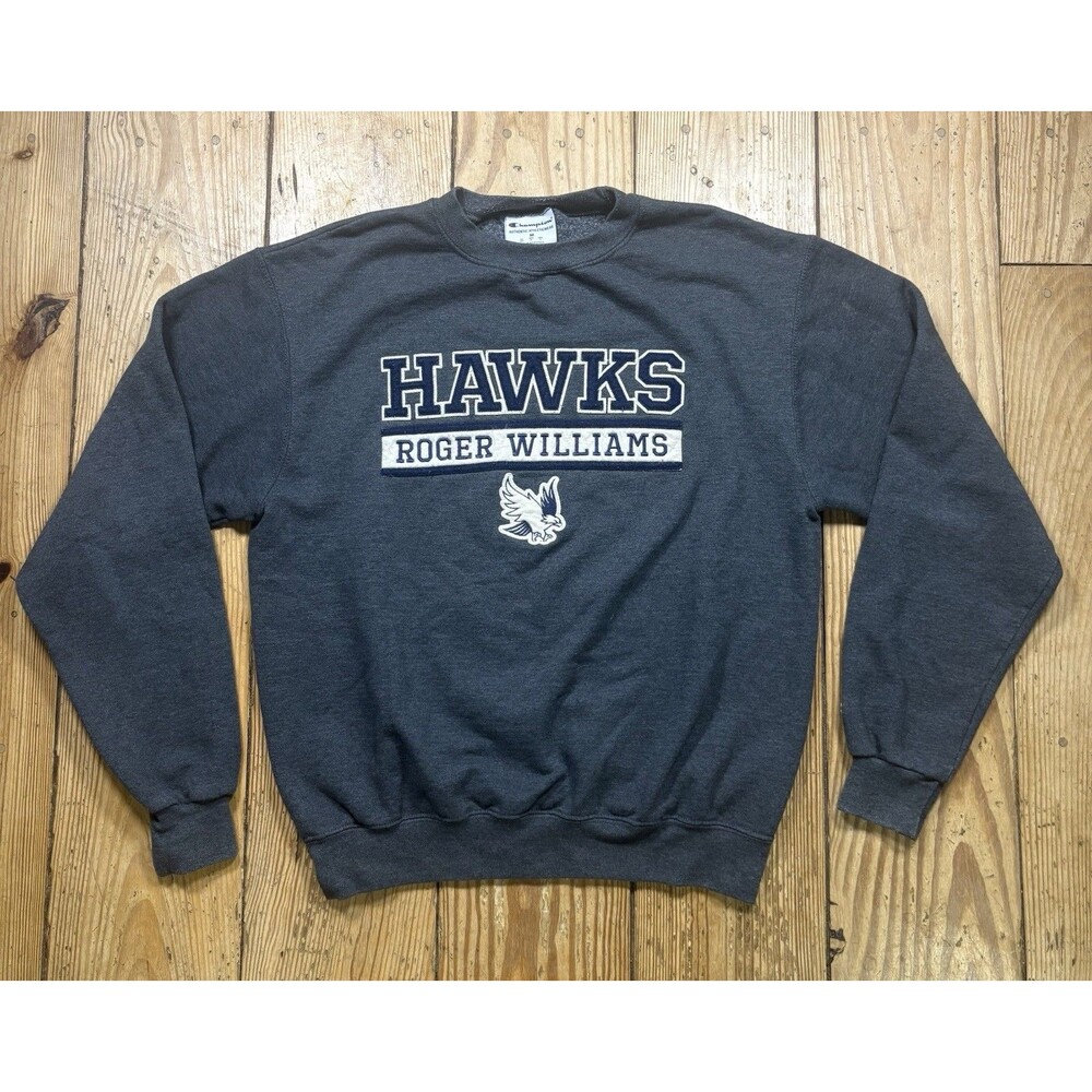 Champion Roger Williams Hawks Men's Med Gray Long Sleeve Fleece Embroidered RI